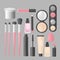 Realistic makeup and cosmetics products and tools. Lipstic, brushes, eyeshadow mascara, powder and mascara.