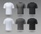 Realistic male t-shirt. White and black mockup, front and back view 3D isolated design template. Vector sport wear and