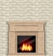 Realistic Marble Fireplace with Fire in Interior, Brick Wall