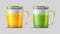 Realistic measuring glasses with juice. Green and orange freshes. Fruit vegetables drinks, summer vegan beverages