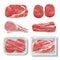 Realistic meat. Cow chicken pork steak grill food beef raw vector illustrations set