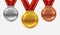 Realistic medal set. Gold bronze and silver medals with red ribbons isolated on transparent background vector collection