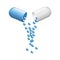 Realistic medical opened capsule pill. Vitamin antibiotic 3D medicine drug for concept improve health. Vector capsules