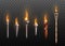 Realistic medieval torch set with burning fire, ancient metal and wooden torches