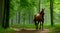 Realistic mesmerizing Illustration of beautiful brown stallion walking through woods, created with Generative AI technology