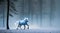 Realistic mesmerizing Illustration of galloping beautiful white stallion in fog with blue undertone, created with Generative