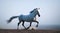 Realistic mesmerizing Illustration of galloping beautiful white stallion in fog with blue undertone, created with Generative