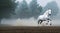 Realistic mesmerizing Illustration of galloping beautiful white stallion in fog coming out  woods, created with Generative AI tech