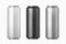 Realistic metal cans. Aluminum beer and lemonade beverage can of different colors. Vector black silver white cans set on