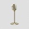 Realistic microphone. Vintage voice device for studio or radio, karaoke or broadcast. Gold steel isolated mic on stand