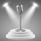 Realistic microphone. White podium for stage and 3d mic. Sound studio equipment, concert or radio vector element