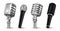 Realistic microphones. 3D studio and scene audio equipment, vintage and modern metal mics isolated on white. Vector blog