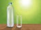 Realistic mineral drinking water bottle and glass of water on wooden table on blurred green bokeh background, vector illustration