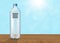 Realistic mineral drinking water bottle with QR code on wooden table on blurred blue bokeh background, vector illustration