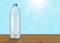 Realistic mineral drinking water bottle on wooden table on blurred blue bokeh background, vector illustration 3d
