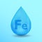 Realistic Mineral drop Fe Iron design. Blue nutrition design for beauty, cosmetic, heath advertising. Fe Iron Mineral