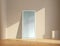 Realistic mirror. Empty room with square reflective glass frame leans on wall. Minimalist interior furnishing. Wooden