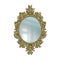 Realistic mirror with golden decorative frame. Reflective surface in Victorian ornate border. Hanging on wall royal