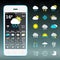 Realistic mobile phone with weather forecast widget and icons