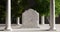 Realistic mockup of gravestone headstone tombstone with Corinthian columns and trees background. Memorial day and historical