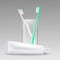 Realistic mockup of toothpaste tube lying next to toothbrush holder