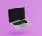 Realistic modern computer laptop 3d 16-Inch isolate on violet background, mock-up device notebook display highly