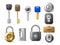Realistic modern keys. Different locks and padlocks, keyholes, combination lock, various metal, steel, golden and bronze