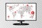 Realistic modern TV monitor isolated. World map with pins