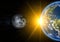 Realistic Moon and Earth between the sun