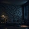 Realistic Mountain House Living Room With Leather Sofa. Night Light With Natural Rock Stone Wall Design Generative Ai Illustration