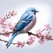 Realistic mountain pink,bluebird very fluffy on very light pink flowered sakura tree