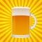 Realistic mug of beer on yellow and orange pop art background. Light lager beer froth and bubbles. Retro vector illustration.