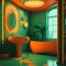 Realistic Neon Colors Retro 50s Years Style Clasic Interior Bathroom Vibrant Colors Big Round Windows Natural Sun Light Green Pot