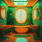 Realistic Neon Colors Retro 50s Years Style Clasic Interior Bathroom Vibrant Colors Big Round Windows Natural Sun Light Green Pot
