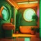 Realistic Neon Colors Retro 50s Years Style Clasic Interior Bathroom Vibrant Colors Big Round Windows Natural Sun Light Green Pot
