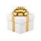 Realistic New Year wrapped white gift box decorated by golden metallic bright detailed bow ribbon