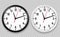 Realistic office clock. Wall round watches with time arrows and clock face isolated 3d vector black and white clocks