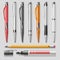 Realistic office stationery isolated on transparent background - pens, pencil and marker realistic vector