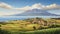 Realistic Oil Painting Of Volcano And Farming Village On Antique Greek Island