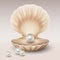 Realistic open shell with shining pearls inside. 3d freshwater or seashell oyster mollusk