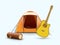 Realistic open tent, guitar, trunk with green leaves. Advantages of tourist recreation