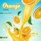 Realistic orange juice. Refreshing tropical fruit drink. Splash with jet and flying drops. Pouring natural beverage