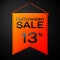 Realistic Orange pennant with inscription Halloween Sale Thirteen percent for discount on black background. Colorful