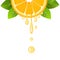 Realistic orange slice with leaves and drops of juice. Juicy fruit. Fresh citrus design on white background vector illustration