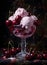 Realistic painting of cherry ice cream with whole frutes in a glass container. Still life style.