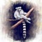 Realistic painting of cute ring-tailed lemur sitting on the tree on grunge background