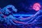 A realistic painting depicting a powerful wave crashing against a shoreline under the enchanting glow of a full moon, A neon