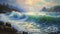 Realistic Painting Of Ocean Waves And Sun Behind Mountains In 8k Resolution