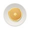 Realistic pancake with a piece of butter on a white plate closeup isolated on white background, top view. Design