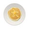 Realistic pancake with a piece of butter on a white plate closeup on white background, top view. Design